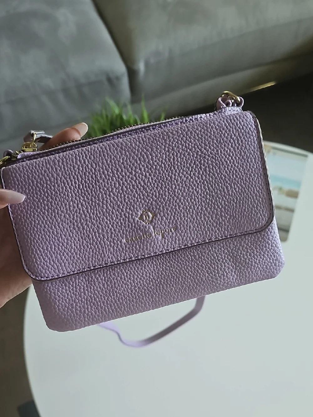 Nanette Lapore lilac leather crossbody wallet with gold hardware